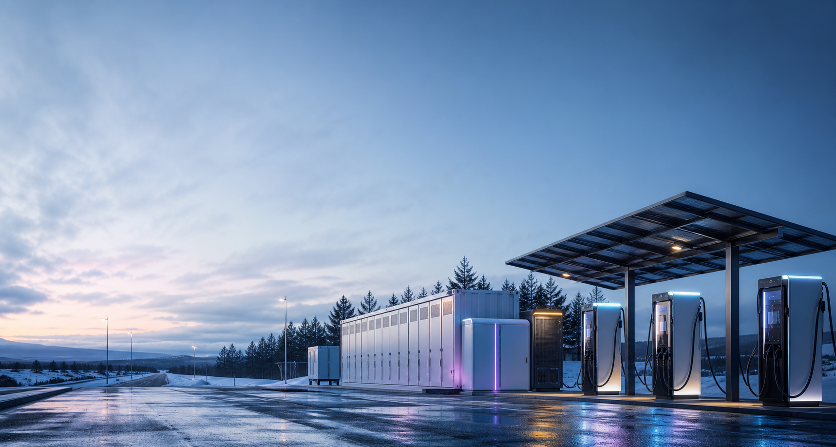 BESS-backed high-power charging site with PV canopy and high-power chargers